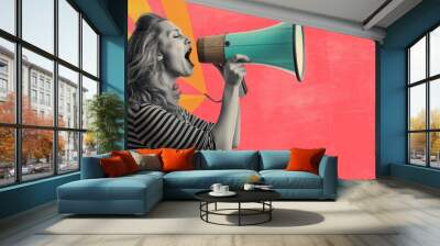 A lively vintage-style image of a woman in stripes shouting into a turquoise megaphone crazy promotions, set against a vibrant, abstract sunburst background. Wall mural