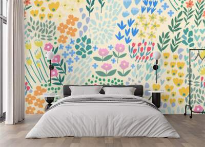 A pattern of abstract bright spring and summer flowers on a light green background. Wall mural