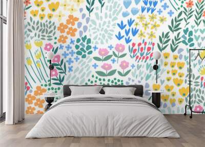 A pattern of abstract bright spring and summer flowers on a white background. Wall mural