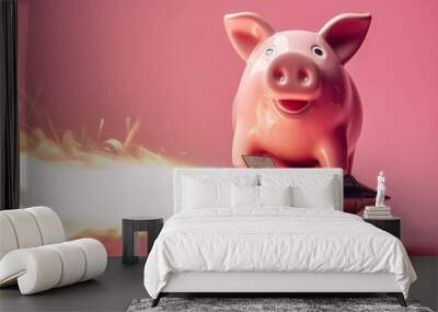 A playful concept illustrating a pink piggy bank taking off with jet propulsion, symbolizing financial growth or investment success. Soft pink background Wall mural