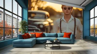 A stylish portrait of a teenager in sunglasses, dressed in classic summer attire with suspenders. The scene includes a vintage car and a vibrant sunset backdrop. Wall mural