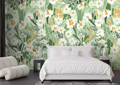 Abstract seamless vector floral pattern of white flowers with yellow and green leaves on a light green background in pastel colors. Wall mural