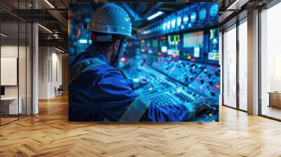 An engineer in a hard hat and protective gear operates a complex industrial control panel with numerous screens and dials. Wall mural