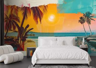 Artistic summer collage with palm trees and beach scenery in sunset hues, blending vintage charm with vibrant tropical colors and textures. Wall mural