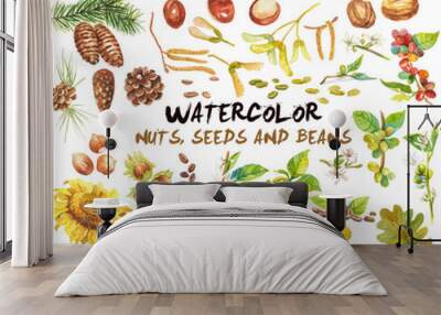 Watercolor nuts and seeds isolated on white Wall mural