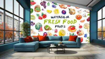 Watercolor painted collection of fruits. Hand drawn fresh food design elements isolated on white background. Wall mural