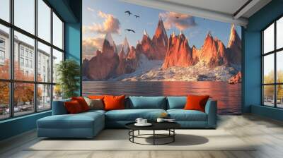 3D render of a fantasy landscape with mountains reflecting in the water. Abstract background. Spiritual zen wallpaper with a skyline. Wall mural