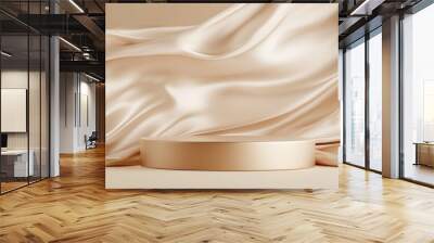 3D rendering of a minimalist beige background accompanied by a podium and wave satin curtain. A round pedestal is used for presenting natural cosmetics. Wall mural