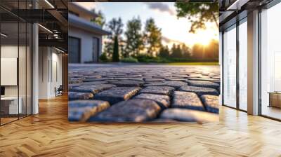 A beautiful sunset at dusk in a suburb, with a cobblestone driveway, grass lawn meadow, and a beautiful architecture building of the luxury home and garage. Wall mural