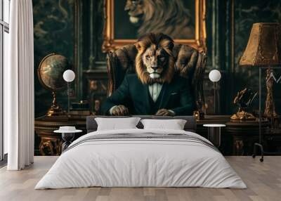 A businessman in a suit with a lion's head sits in an office abstract background. Wall mural