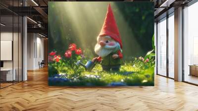 A gnome planting Spring flowers with a long white beard. Using generative AI. Wall mural