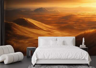 A landscape of desert dune dunes at sunset over mountains under a blue sky, illustrated as an IA. Wall mural