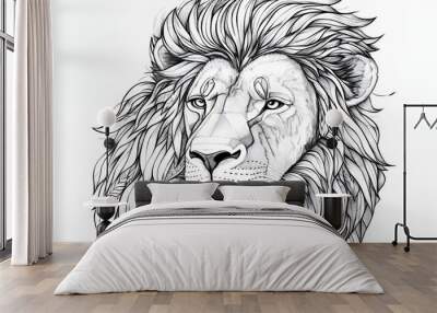 A lion is hand drawn in ink on this line art illustration Wall mural