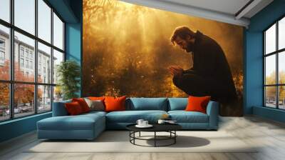 A man kneels down outdoors in nature, hands folded, with sun rays in the background. Christian believer, praying, asking for forgiveness, Christian believer, Christian believer. Wall mural