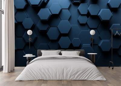 A mosaic of black, futuristic tiles arranged in the shape of a wall. 3D, Semigloss, Bricks stacked to create a hexagonal background in 3D. Wall mural