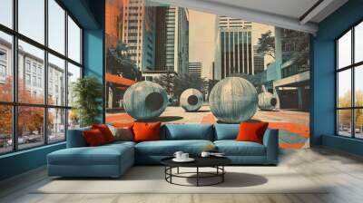 A retroscientific scene with futuristic city buildings in a mid-century sci-fi style. Wall mural