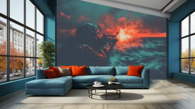 A sci-fi gaming character in a futuristic suit is aiming a weapon and shooting a gun. Illustration Wall mural