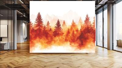 A watercolor illustration depicting a colorful autumn forest dominated by red and yellow foliage against dark pines. Wall mural