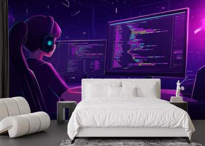 A woman is illustrated wearing headphones, sitting in a chair late at night, and programming on a computer and laptop. This is an illustration of a computer and laptop in a home office workplace, Wall mural