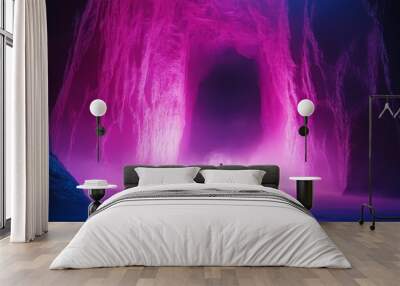 Abstract futuristic background with a large object in the center, and a dark neon scene behind. Wall mural