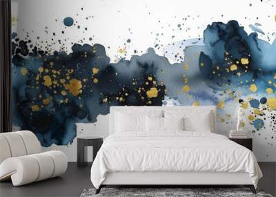 Abstract modern print of blue and gold watercolor illustrations on white background. Wall mural