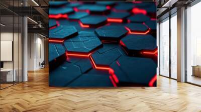 An abstract 3D illustration of neon rays, big data arrays, and techno innovation on a background of high-tech background. Wall mural