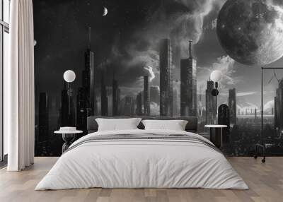 An alien skyline with dark towers and futuristic architecture, a SciFi fantasy world. Wall mural