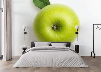 An apple with a fresh leaf on a white background with a vibrant green color Wall mural