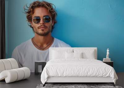 An attractive man in a white t-shirt and sunglasses on a blue background Wall mural