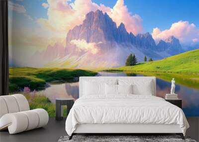 An idyllic alpine lake at sunset in spring displays dramatic colors. Wall mural