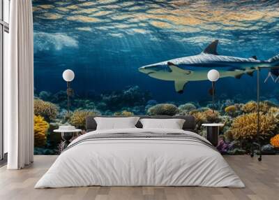 An illustration of a shark swimming in a coral reef in hyperrealistic style Wall mural