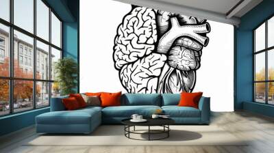 An illustration of two halves of a human brain and heart, showing logic and emotion in priority order. Print or tattoo design isolated on white background. Wall mural