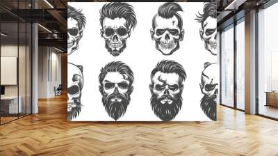 An illustration set of human skulls on a white background. This could be used as a label, emblem, sign, logo, or poster design element. Wall mural