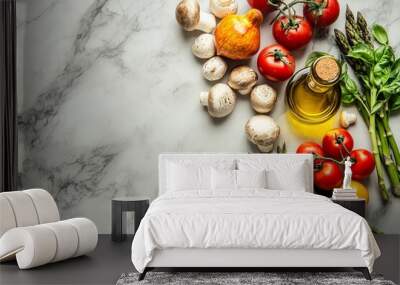 An image of healthy vegetarian food cooked with fresh vegetables, herbs, spices, and olive oil on a white stone table. Wall mural