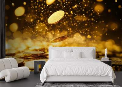 An investment and profit background with falling gold coins. Wall mural