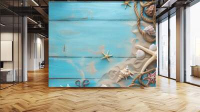 An ocean scene concept with sea shells and starfish on a blue wooden background Wall mural