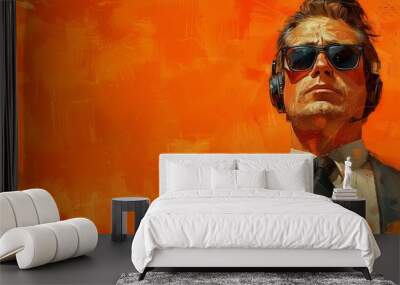 An orange background shows a confident businessman in a suit wearing sunglasses and headphones Wall mural