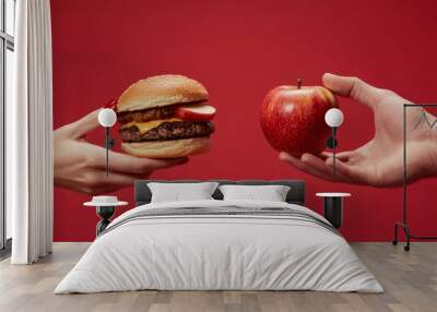 Apple and hamburger. Nutrition diet lifestyle, fitness eating choice vs processed fast junk food meat. A healthy organic fresh vegetarian diet vs tasty processed fast junk food meat. Wall mural