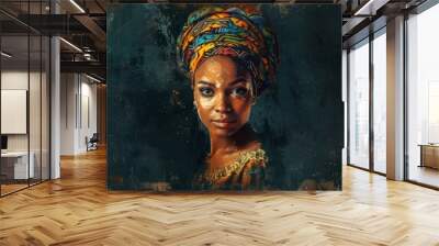 Art depicting a black woman wearing a modern turban. African culture. Abstract painting concept. Stock photo. Wall mural