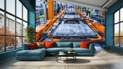 Assembly line of electric vehicle battery cells in close-up Wall mural