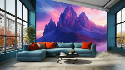 At night, mountains and fog at sunset in Dolomites, Italy. Landscape with valleys, low clouds, trees and colorful sky. Passo Giau at night. Wall mural