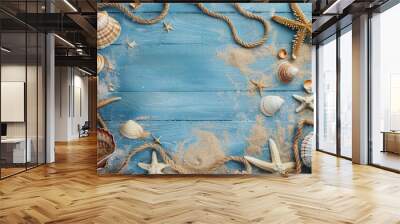 Beach scene concept with sea shells, starfish, and blue wooden backdrop Wall mural