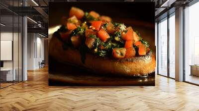 Bruschetta topped with spinach and artichokes on a shining ceramic dish Wall mural