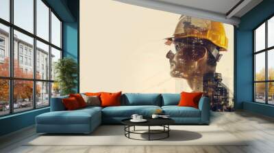 Building engineer, architect, or construction worker involved in modern civil engineering / construction projects with a double exposure. Wall mural