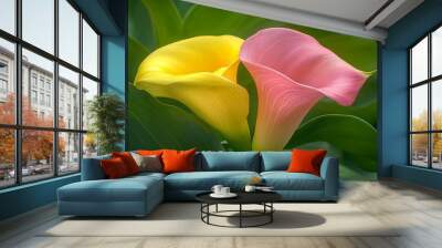 Calla flowers are in bloom on the plant in orange and pink Wall mural