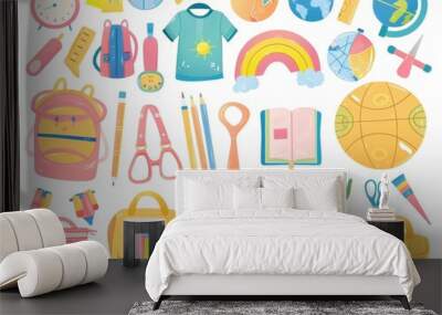 Collection of back-to-school supplies for children. Cute modern cartoon illustration in a colorful design Wall mural