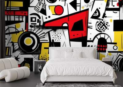 Colorful line art illustration with shades of red, black, yellow, and gray Wall mural