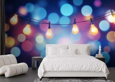 Festive background of colorful bokeh and retro string lights Wall mural