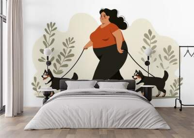 Flat modern illustration of a woman walking dogs Wall mural