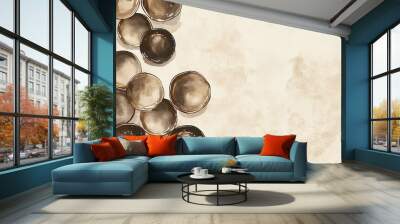 Illustration of brown bokeh circles creating an artistic particle effect with abstract line art Wall mural